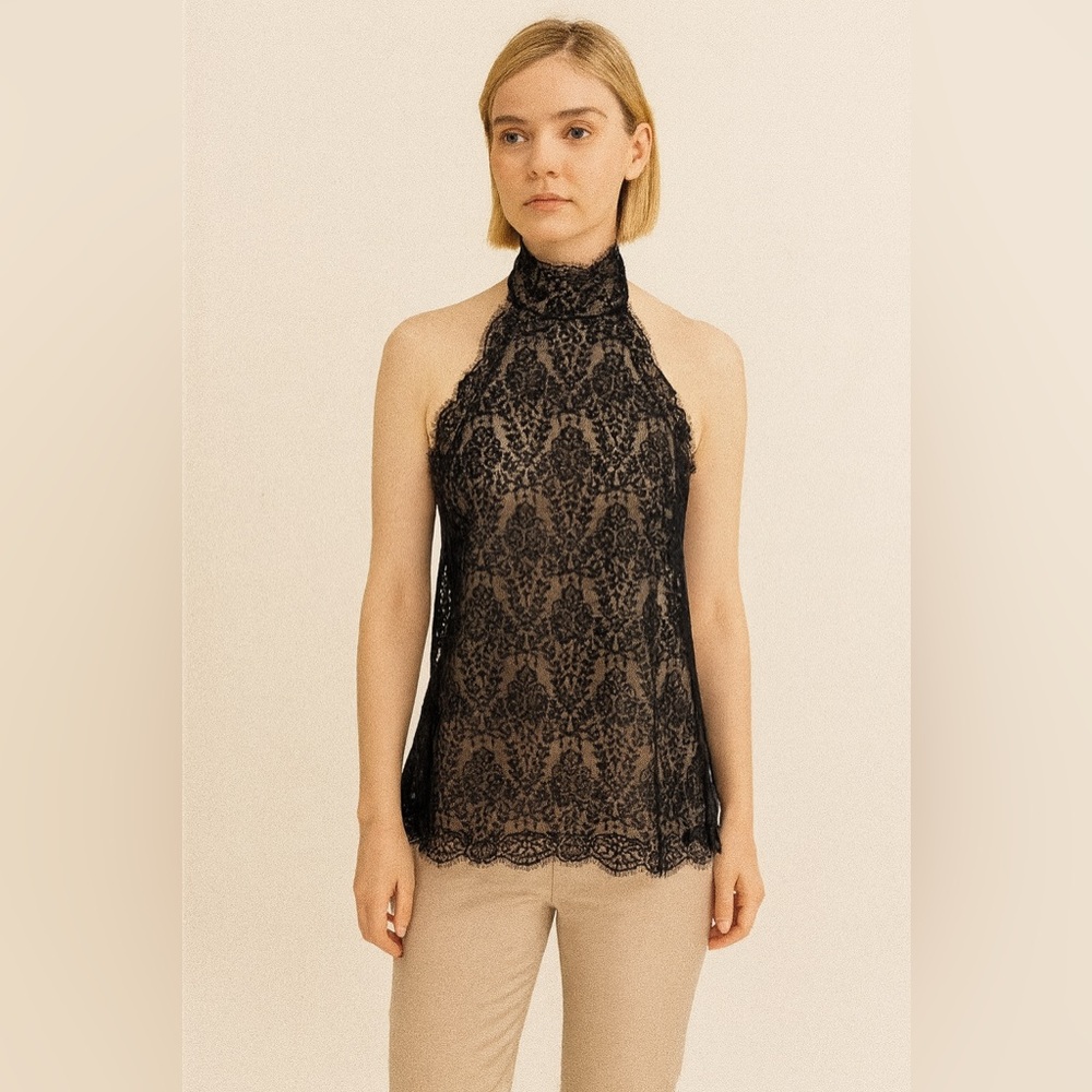 Chanel black lace sheer halter backless top size 38